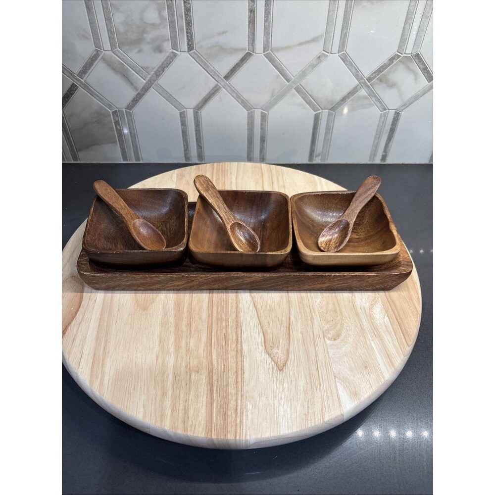 Monkey Pod Wood Set 3 Square Snack Dipping Bowls with Spoons and Tray Vtg MCM